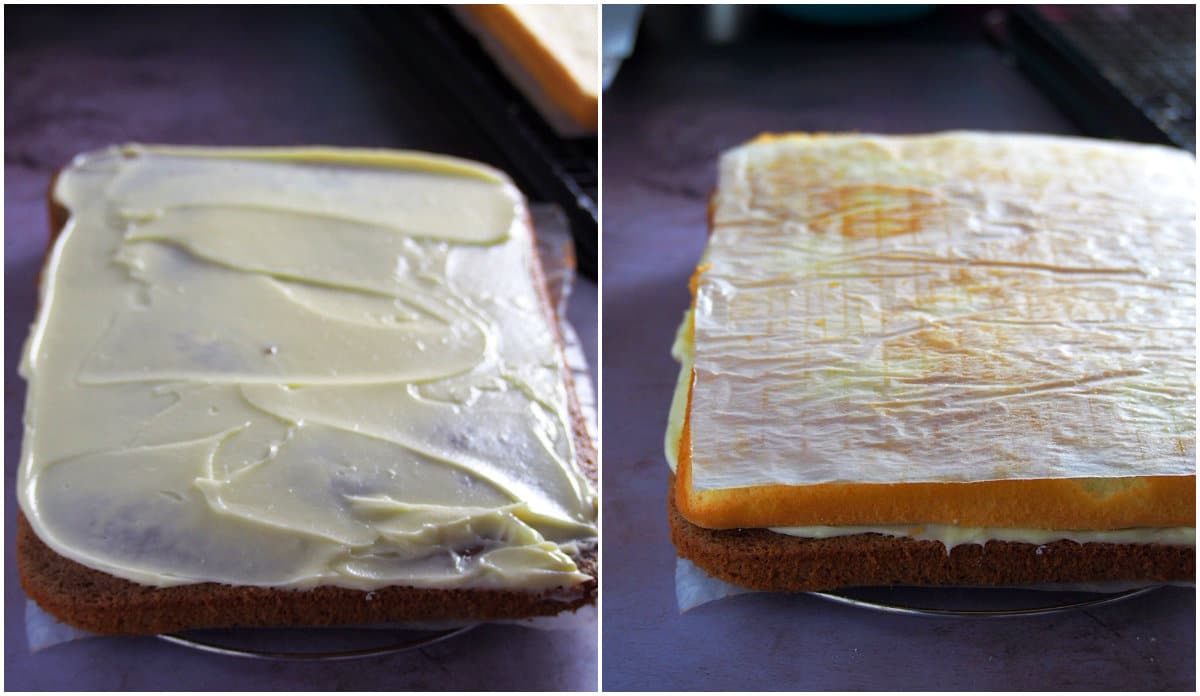 The buttercream is spread on one cake layer, and the other layer is placed over it.