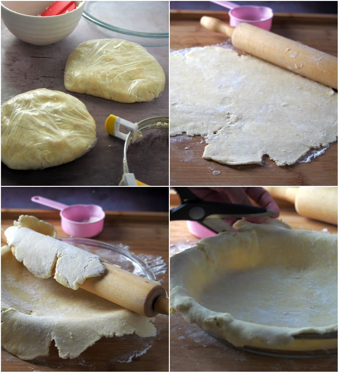 A collage showing how to roll out the pie dough and place it on a pie dish.