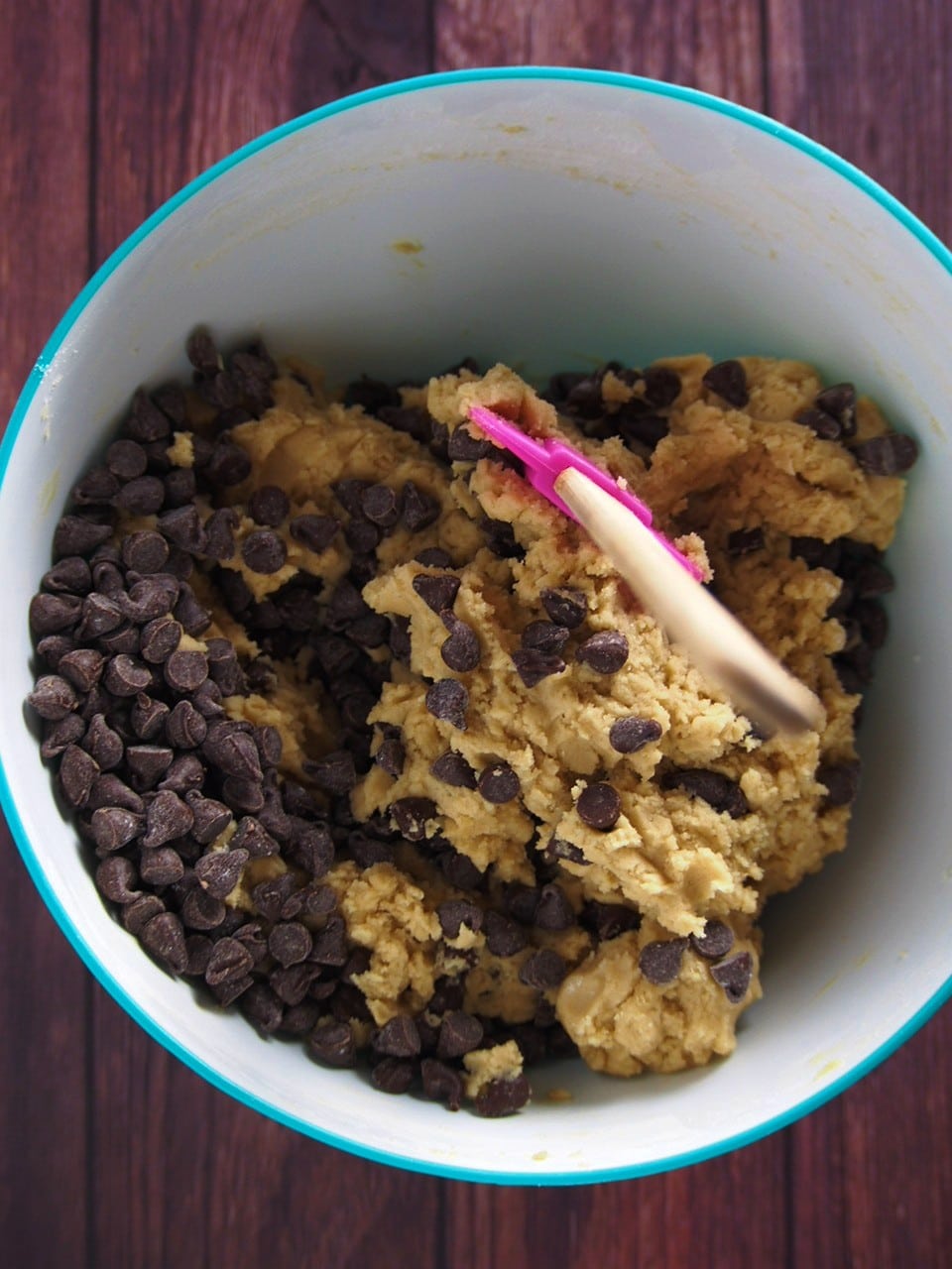 Mixing the Nutella -filled chocolate chip cookie dough.
