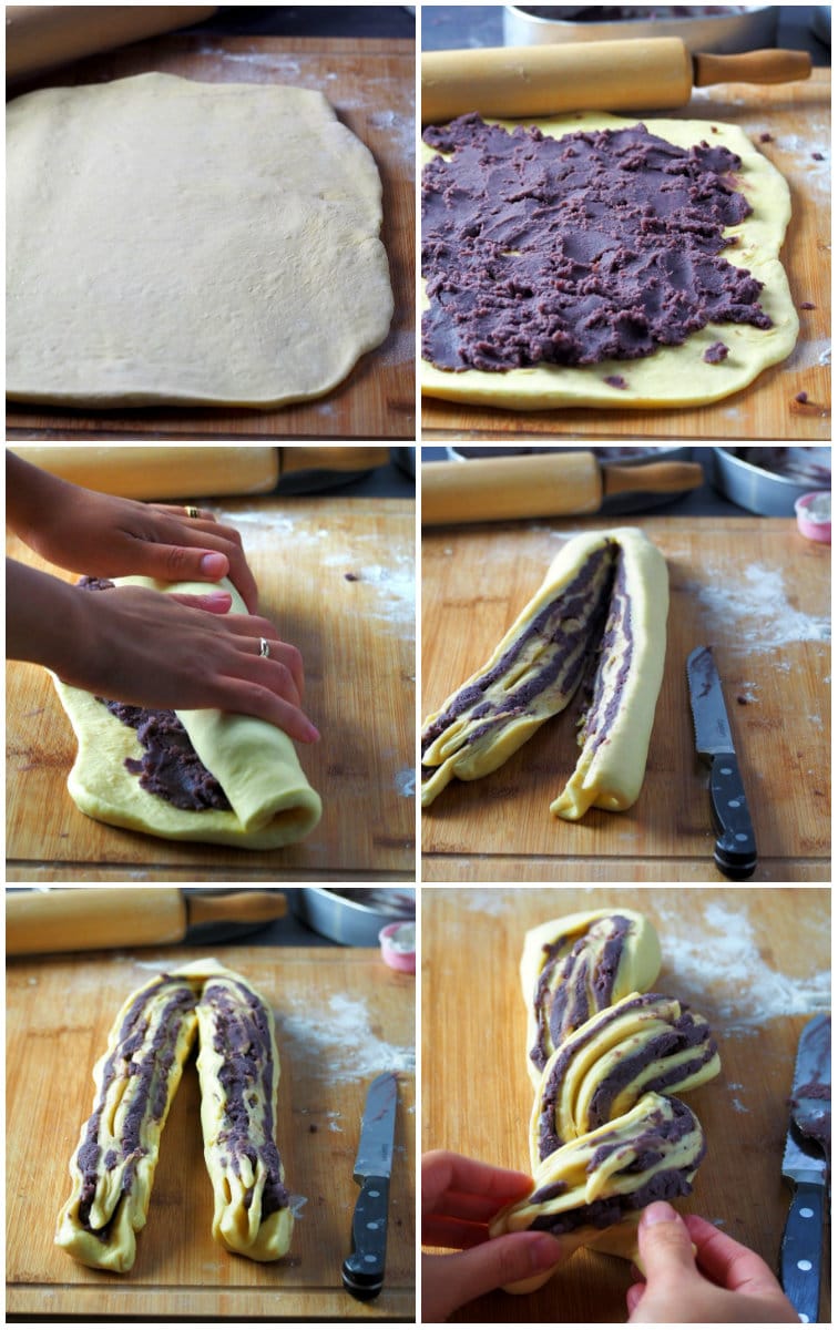 A process collage showing how to make the ube ensaymada braid.