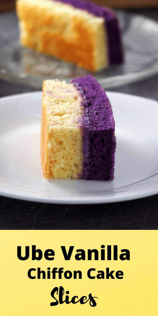 Ube Vanilla chiffon cake is made of of ube and vanilla cake slices, held together by a thin layer of ube buttercream. #chiffoncakes #purpleyam #Goldilock's