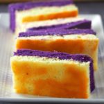 Slices of ube and vanilla chiffon on a serving plate.