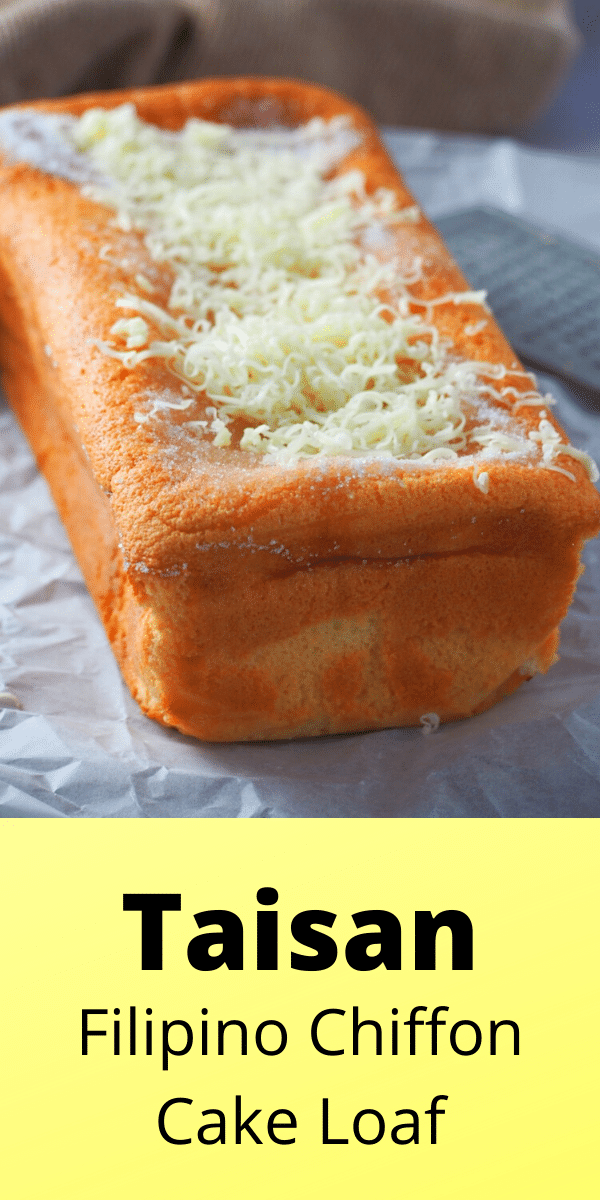 Taisan is a Filipino version of a chiffon cake baked in a loaf pan and topped with melted butter, sugar and shredded cheese. #Filipinobakeries # Goldilock's #chiffoncake | Woman Scribbles
