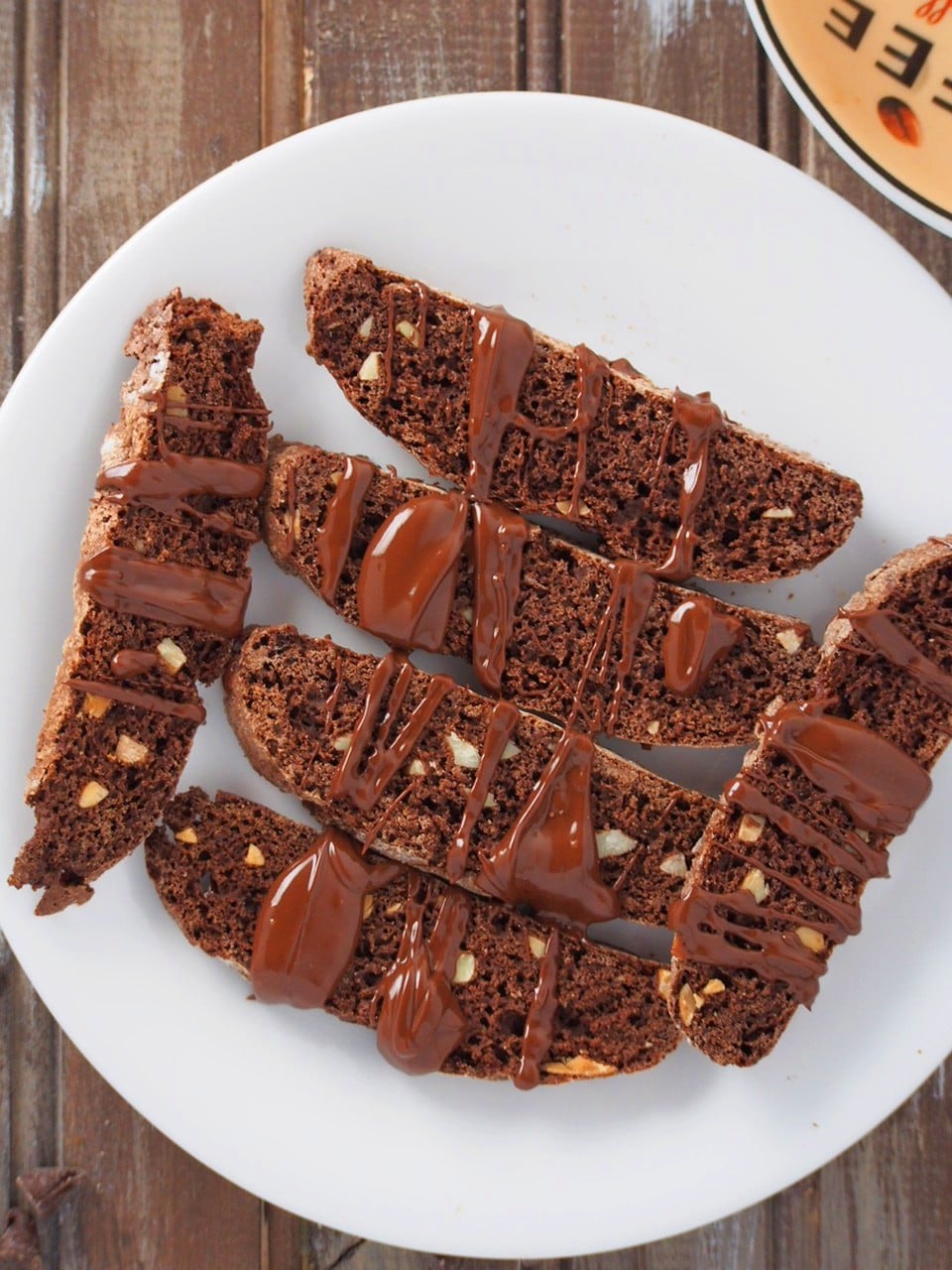 Glazed Almond Chocolate Biscotti on a serving plate.