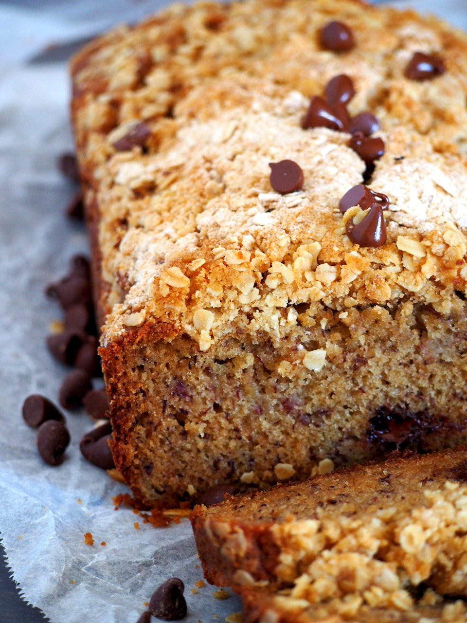 Close up view of Chocolate Chip banana cake showing the inside crumbs.