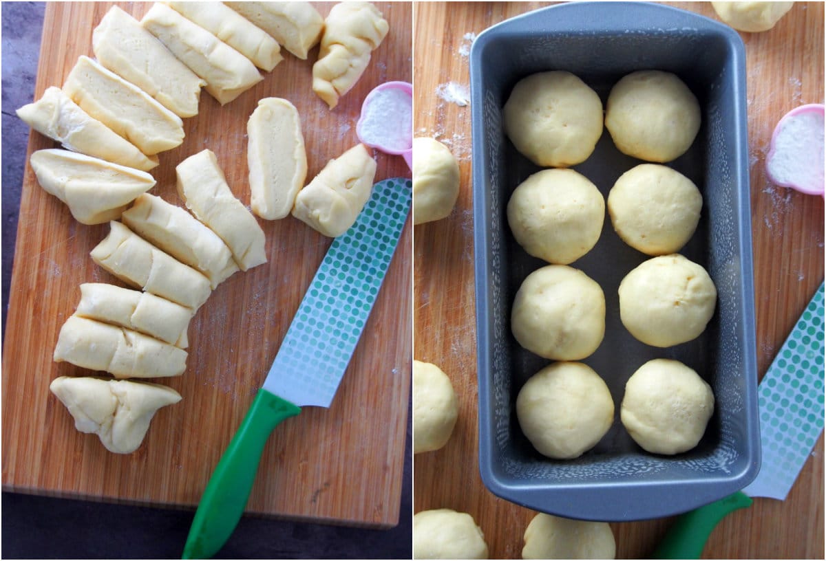 A collage showing how to shape the brioche dough into a nanterre loaf.