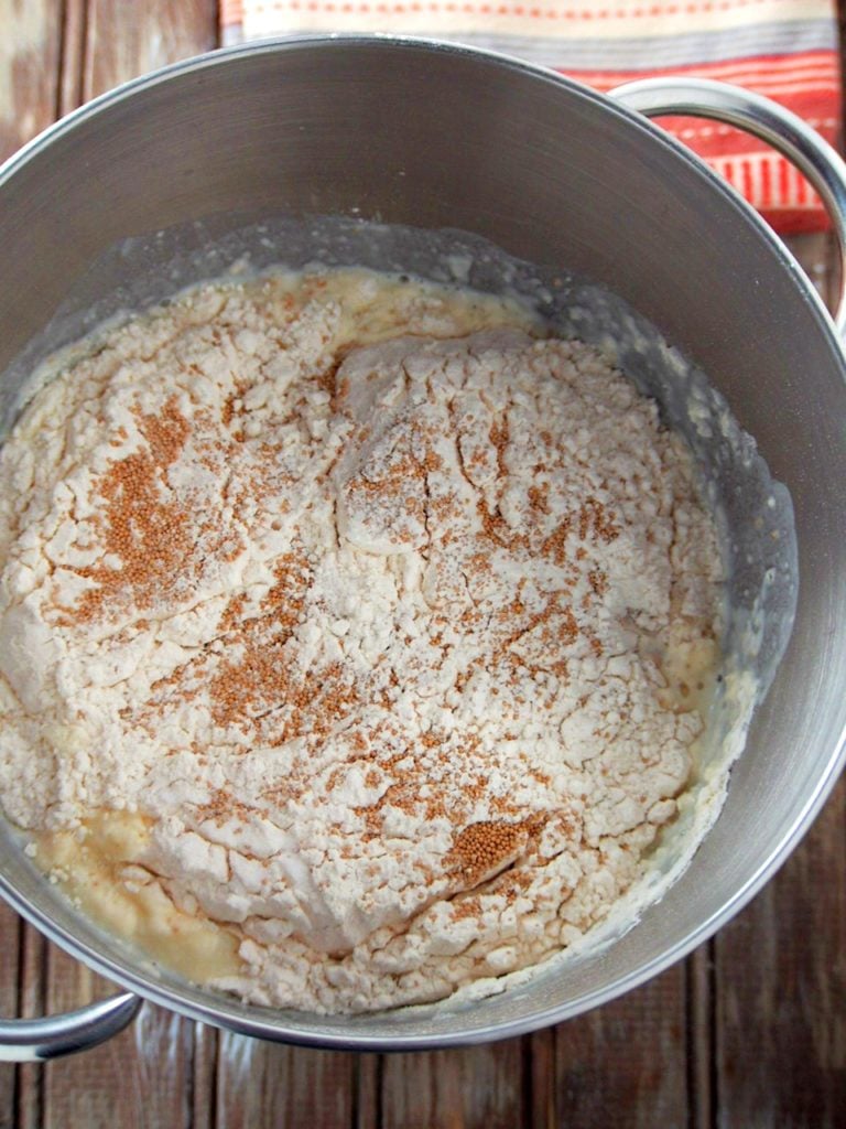 Mixing the dough for the milk bread.
