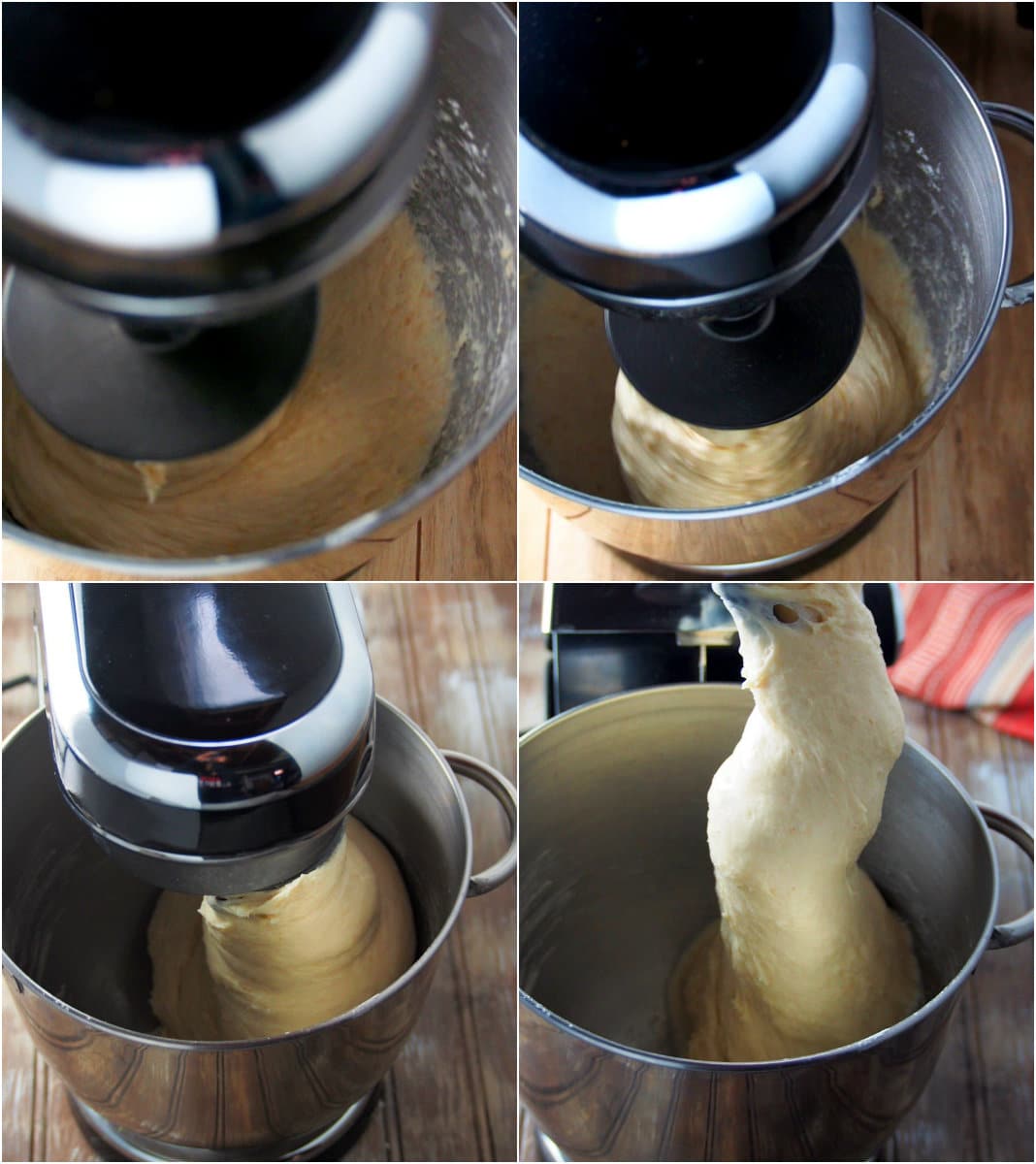 A collage showing the mixing stages of brad dough on a stand mixer.
