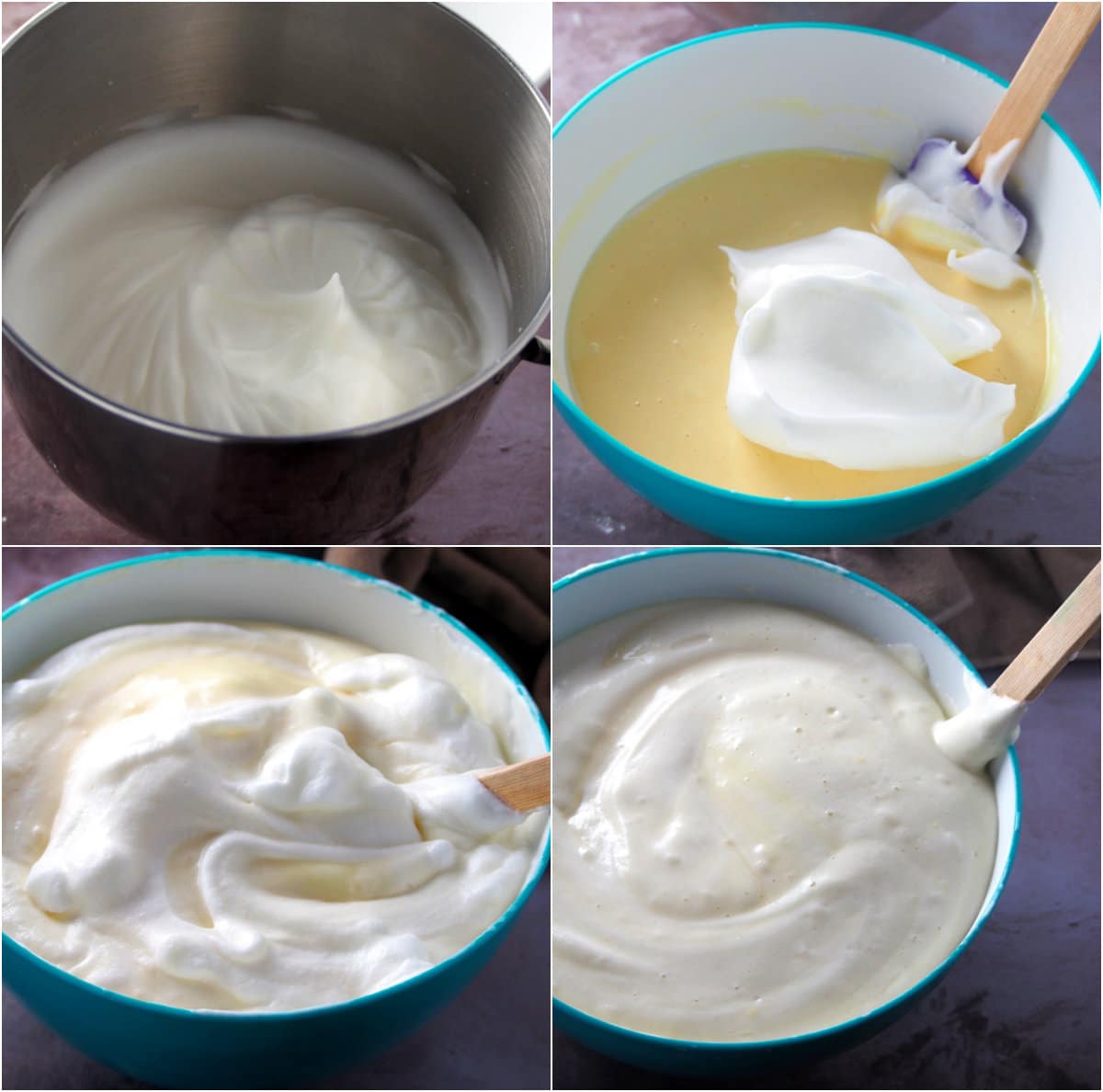 A photo collage showing how to fold the yolk batter into the meringue.