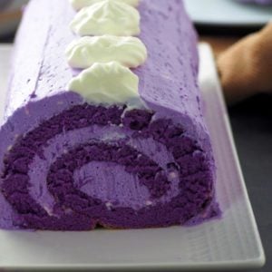 Close up shot of ube cake roll.