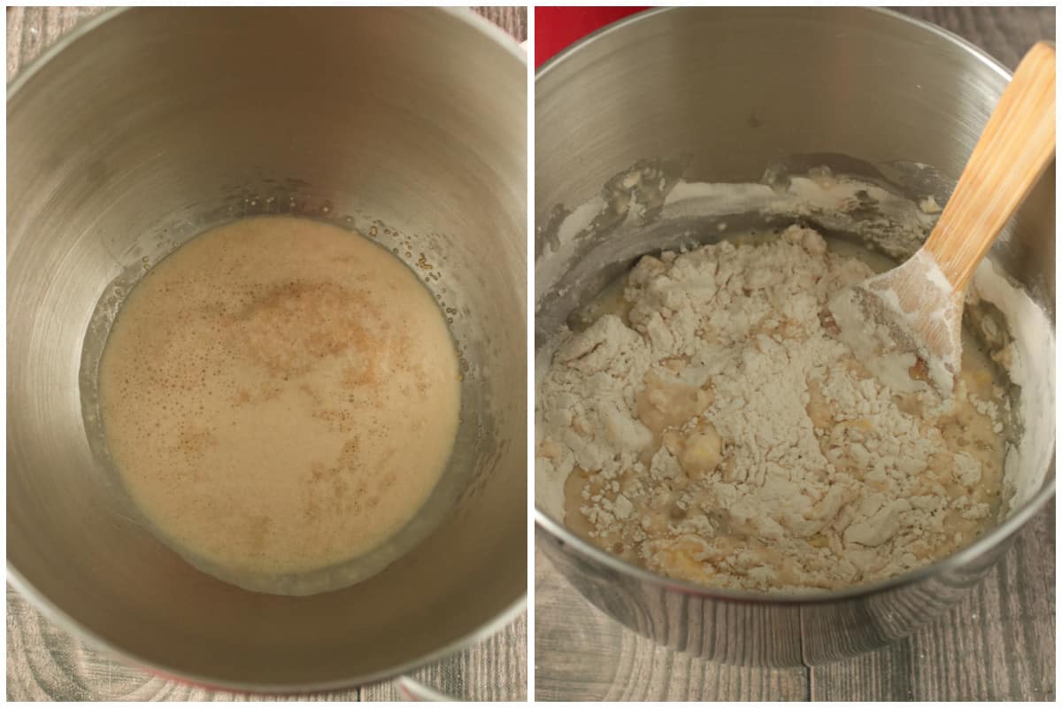 Proving the yeast and mixing the dough of cinnamon rolls.