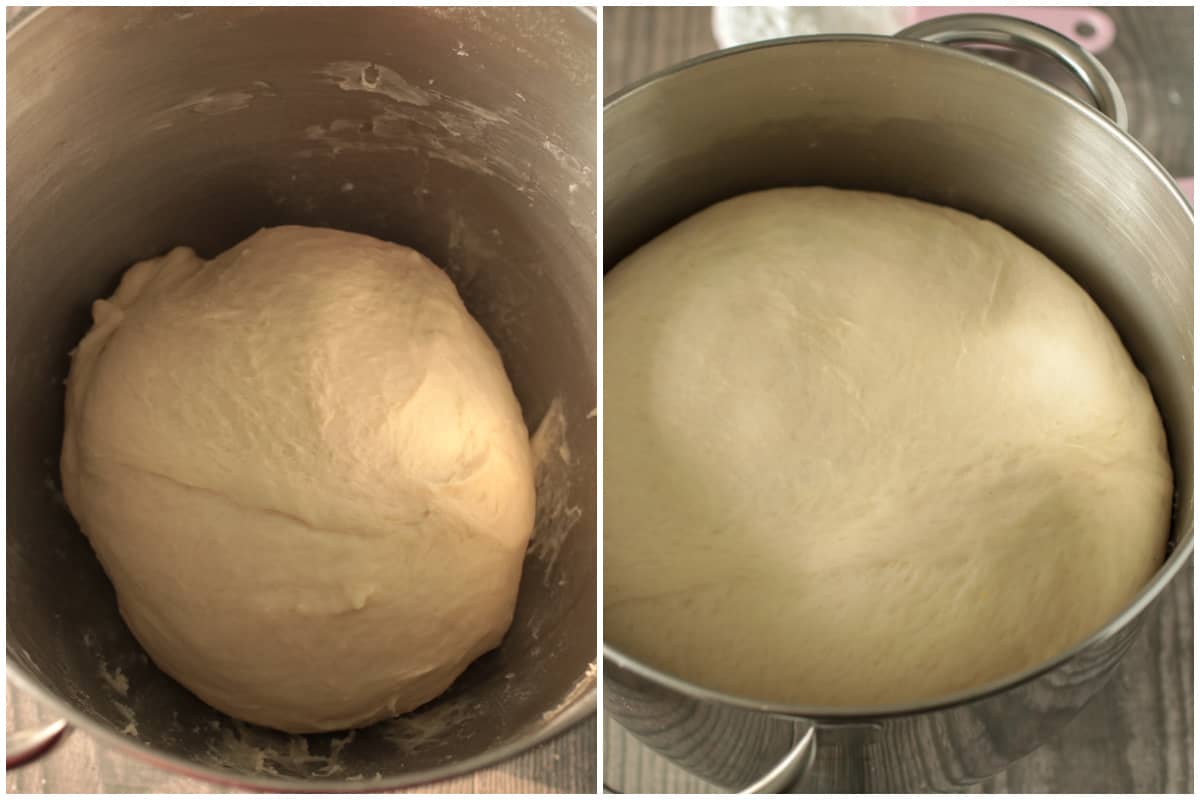The cinnamon roll dough before and after the first rise.