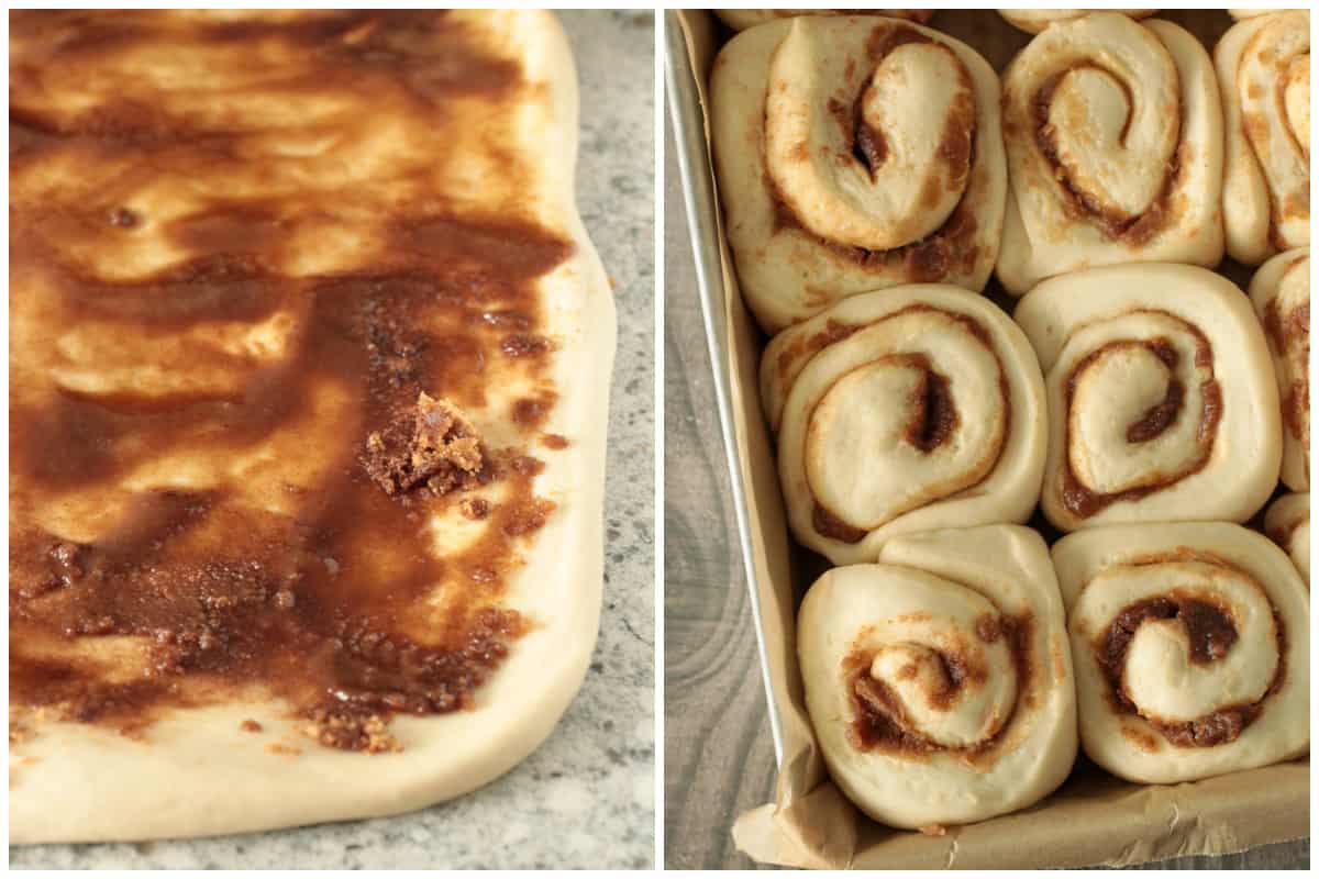 Filling the cinnamon rolls with brown sugar mixture, and the cinnamon rolls portions arranged in a pan.