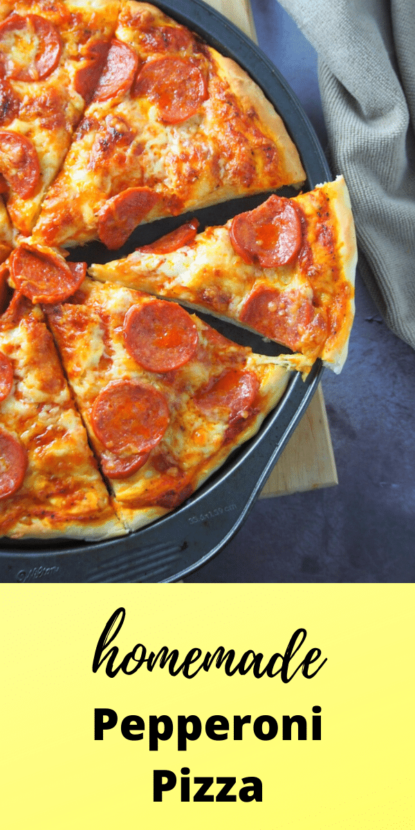 Skip ordering and make this super delicious homemade pepperoni pizza using an easy dough recipe and a simple homemade sauce. #pizzarecipe #pepperoni #homemade pizza