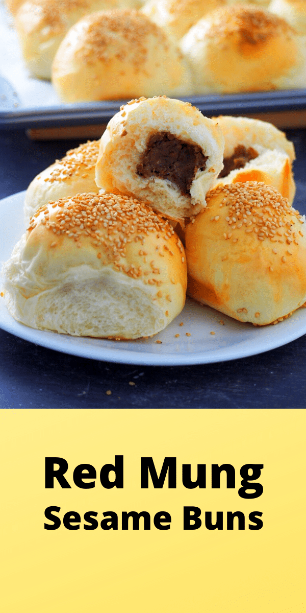 Mongo Sesame Buns or red mung sesame buns are soft bread filled with sweet red bean paste, then topped with savory sesame seeds to finish. Great flavors combined in small pockets of bread! #sesameseeds #redbeanpaste #sesamebuns