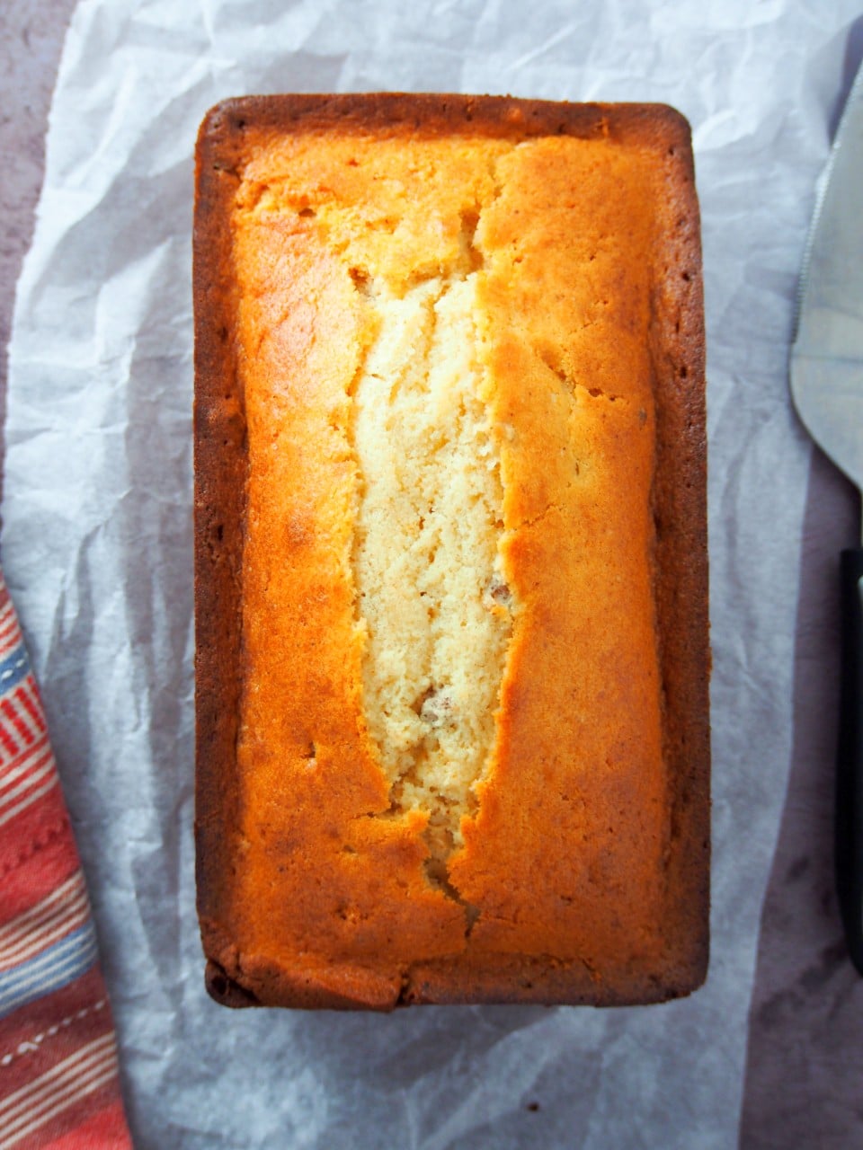 Brown butter pound cake on a parchment paper.