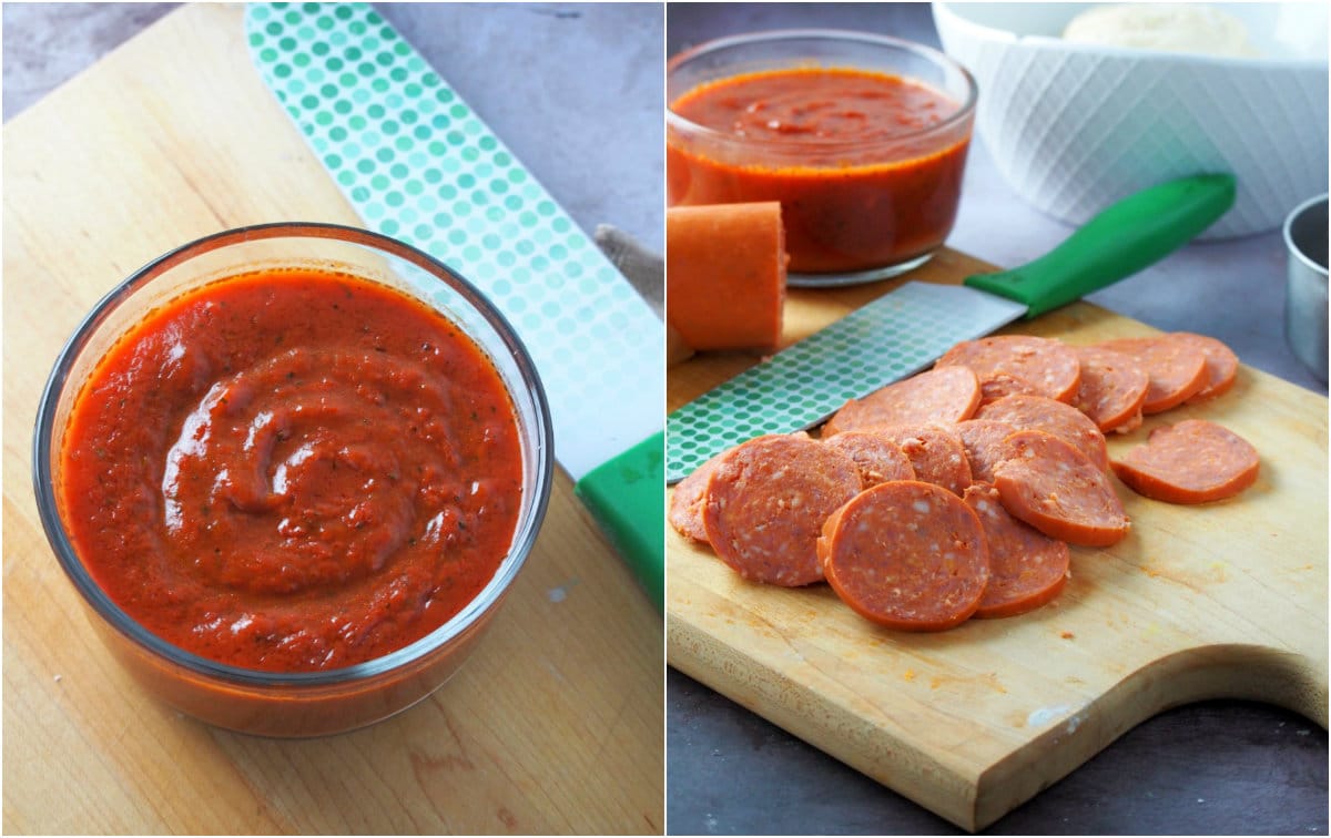 the homemade pizza sauce and sliced pepperoni.