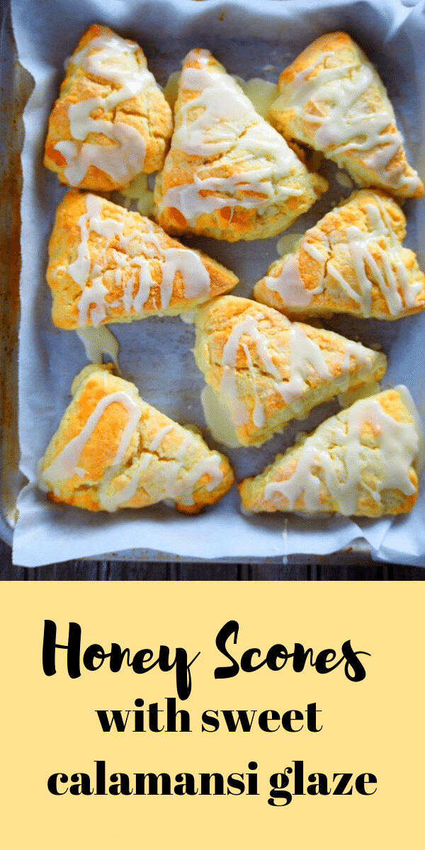 These honey scones are buttery and tender-crisp, and made even more special with a sweet calamansi glaze. #scones #pastries #biscuits