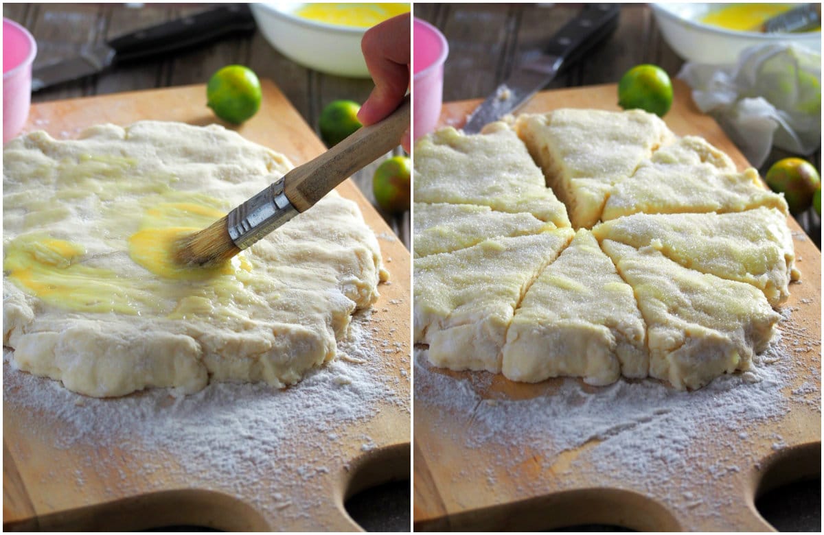 A collage showing how to shape the scones into wedges.