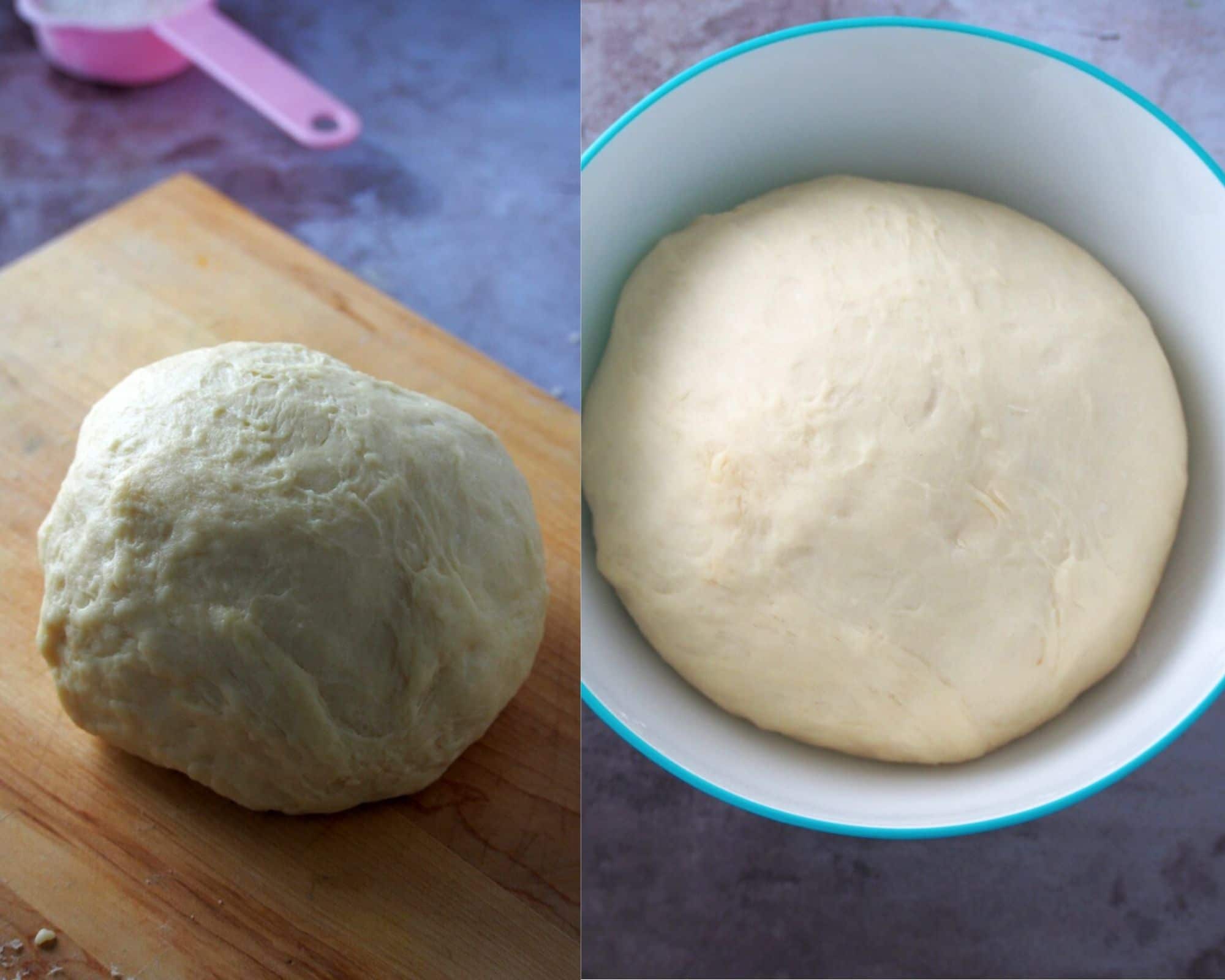 The coconut buns before and after the second rise.
