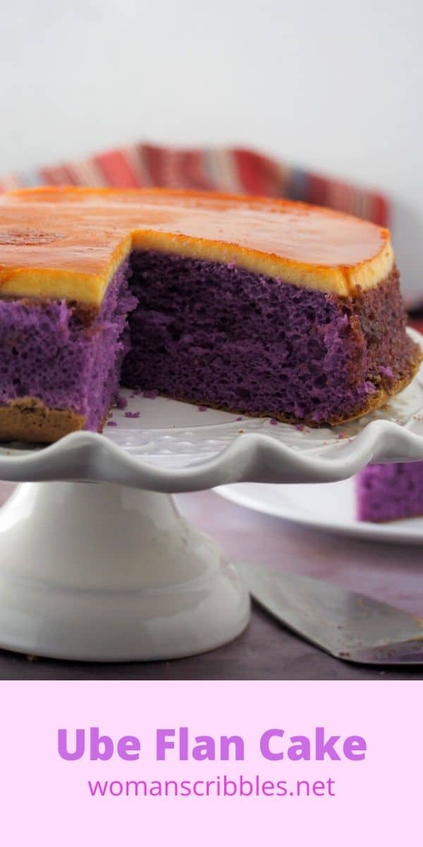 Soft and airy chiffon cake topped with a thin layer of milk custard flan, this Ube Flan cake is a delicious combination of two luscious desserts. #purpleyam #flan #ubecake