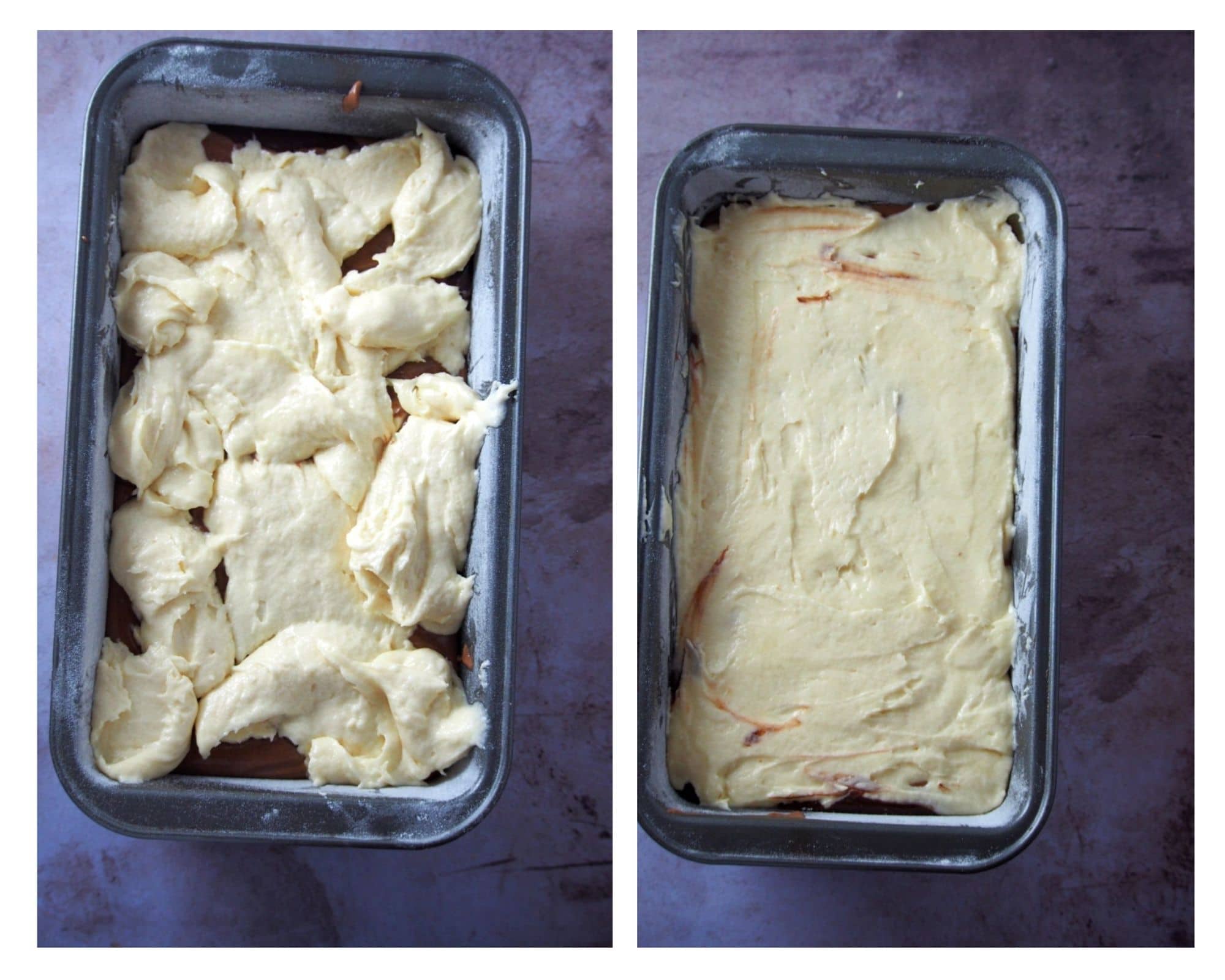Process collage of the ombre cake final batter.