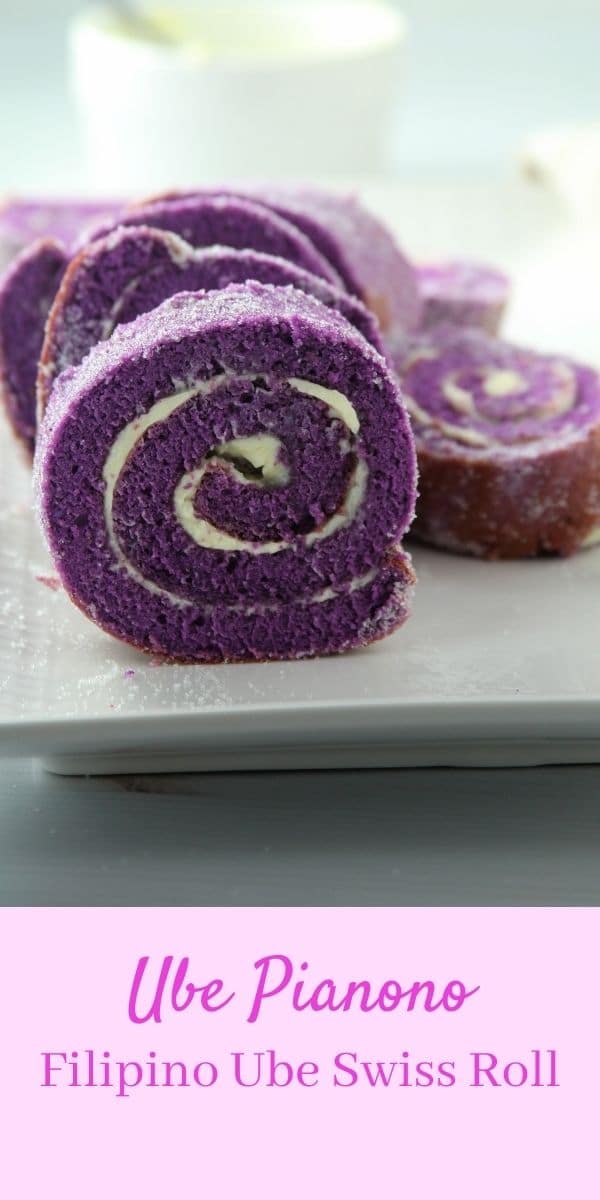 Enjoy this Filipino style swiss roll, Ube Pianono that are filled with softened butter, coated with sugar and cut into serving slices. #purple yam #bakery