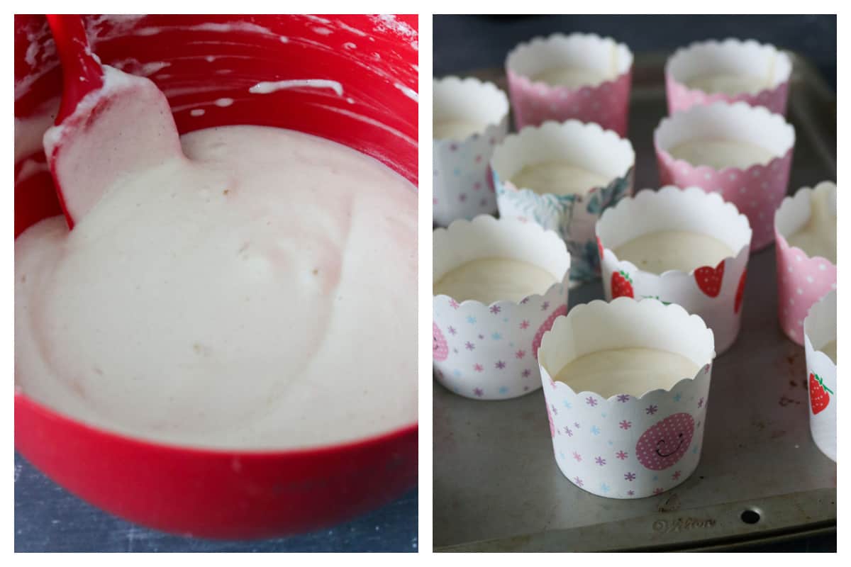 The finished cake batter (left), and the batter poured into paper cups (right).