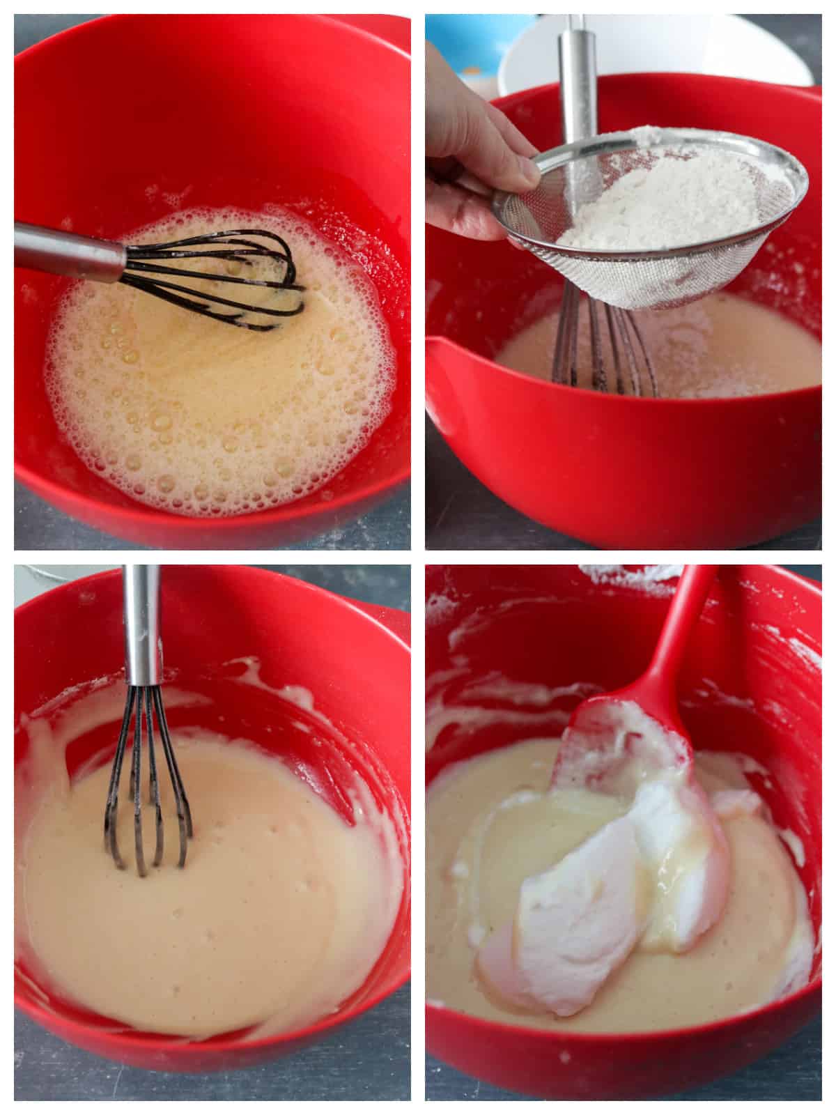 A collage showing the process of mixing the cake batter for chiffon cake.