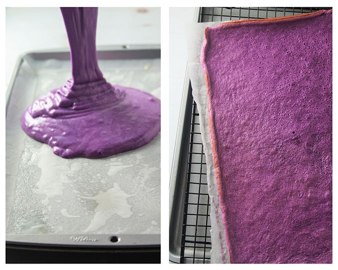 Pouring the ube pianono batter into the pan and a photo of the baked cake on the right.