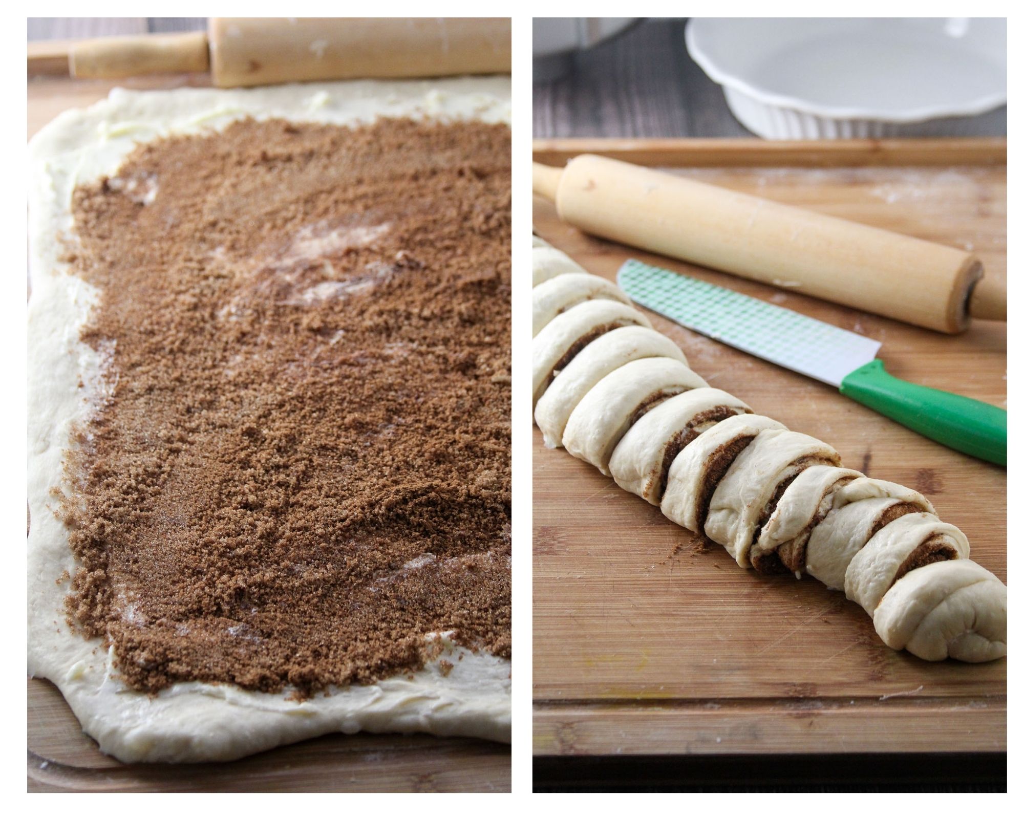 A collage showing the filling of the dough for cinnamon rolls and slicing it into discs.