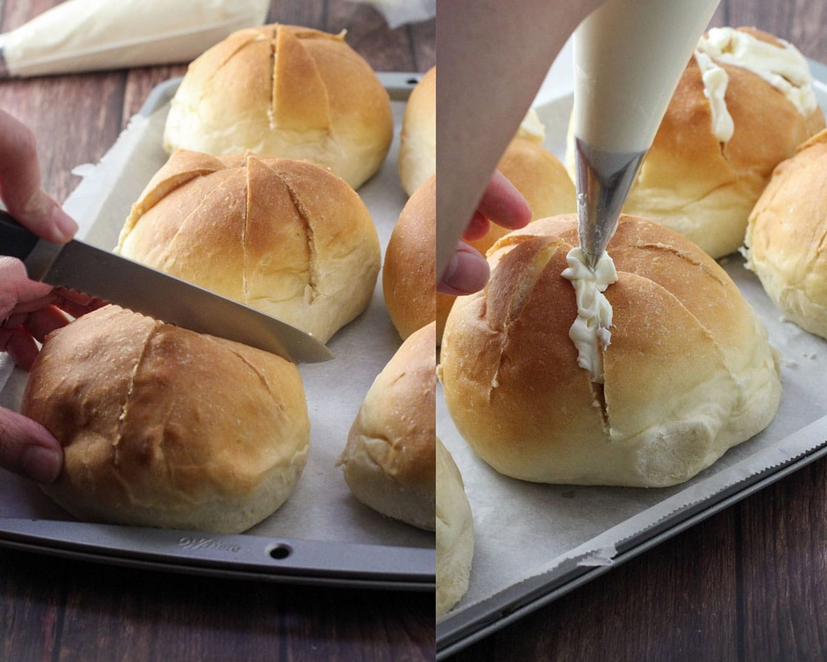 Slicing through the buns and piping the sweetened cream cheese into the bread slits of the Korean Cream Cheese Garlic Bread.
