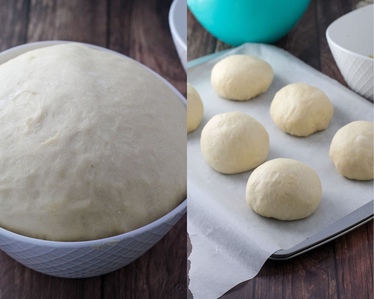 The risen dough, shaped into smooth balls.