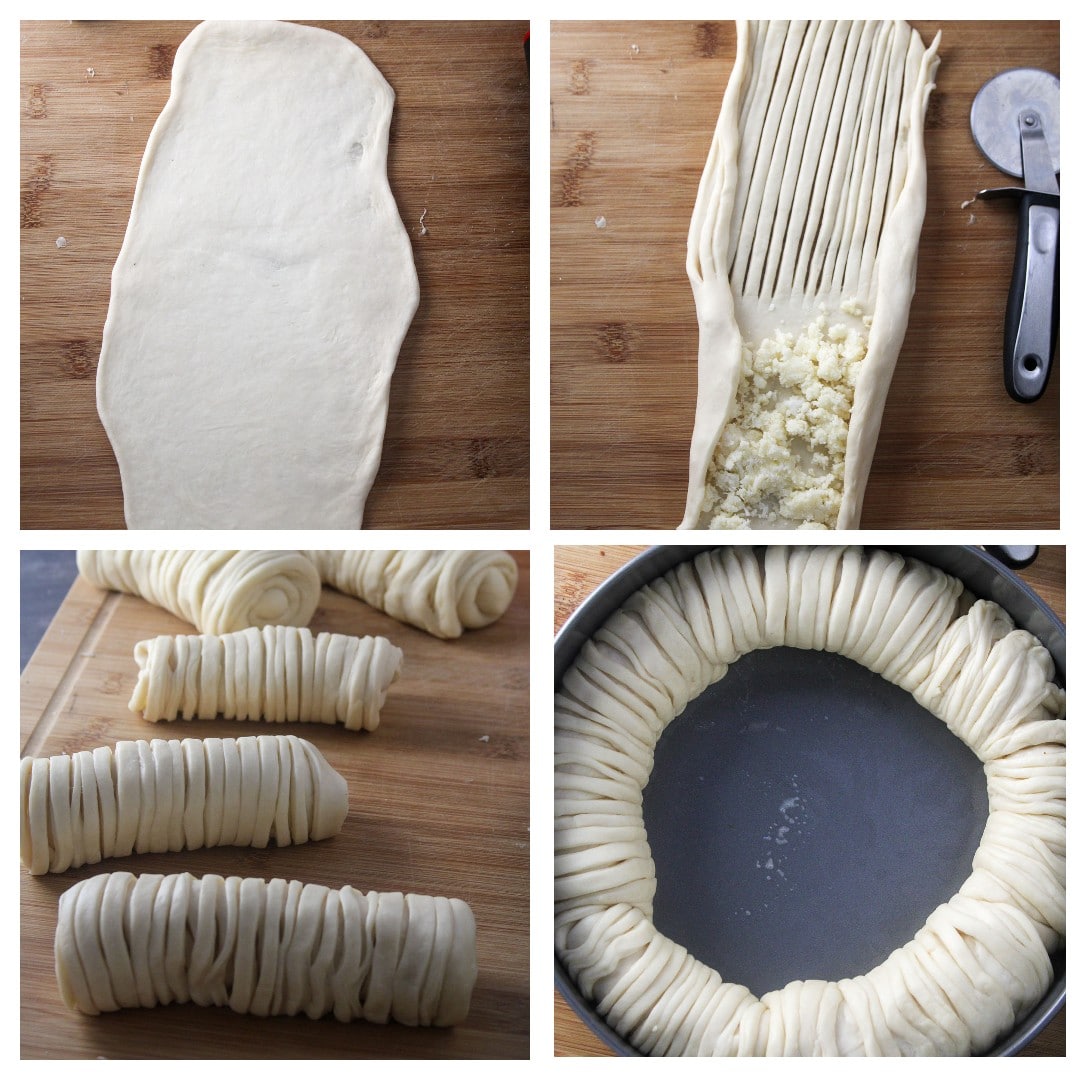 A collage showing the assembly of Wool roll bread.