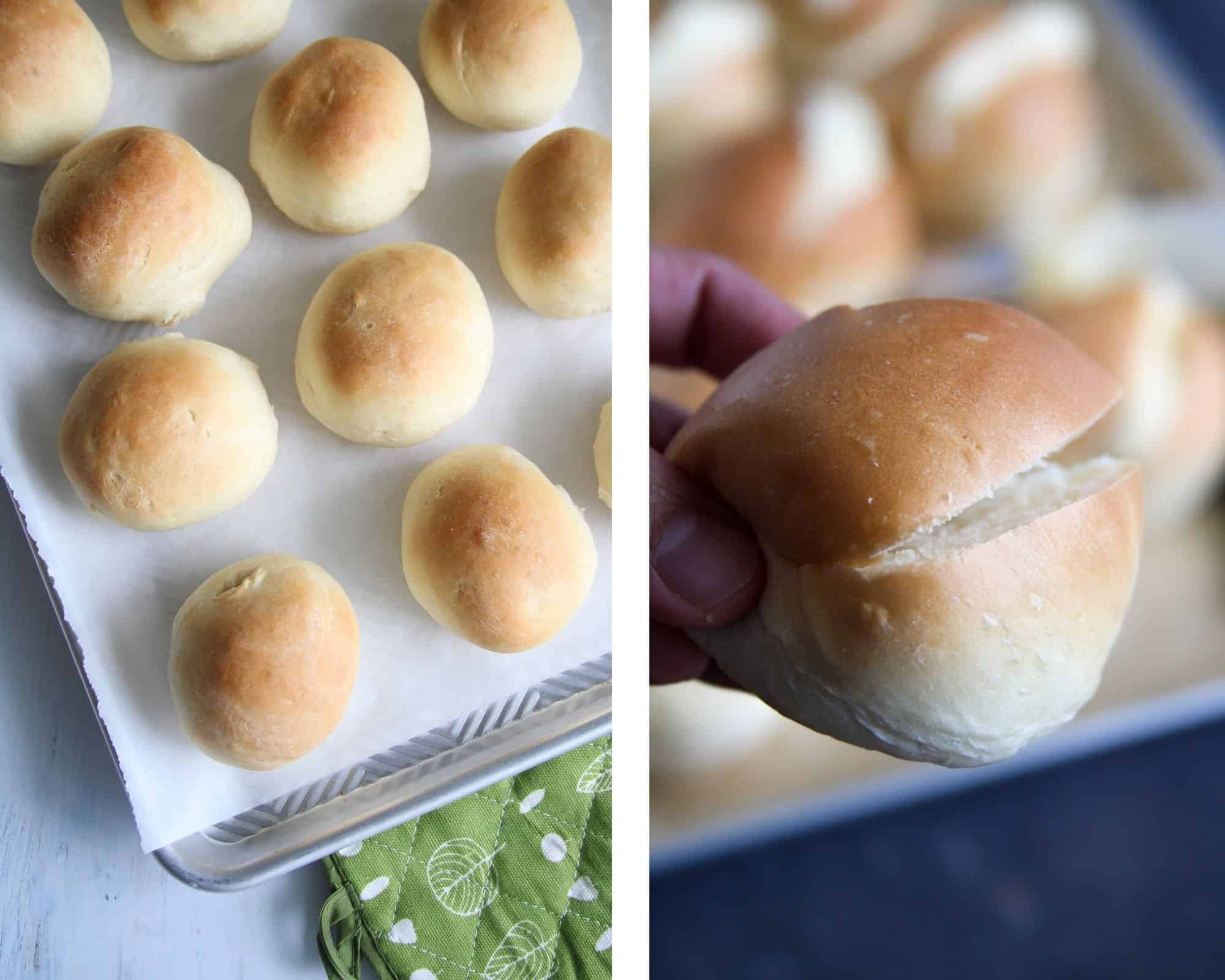The baked buns, and the sliced buns before filling with the cream.
