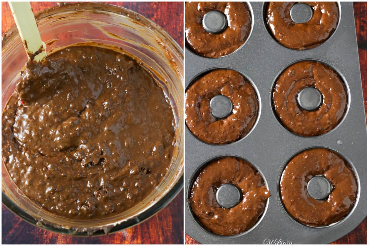 A collage showing the choco butternut batter in the bowl on the left and in the donut pan on the right.