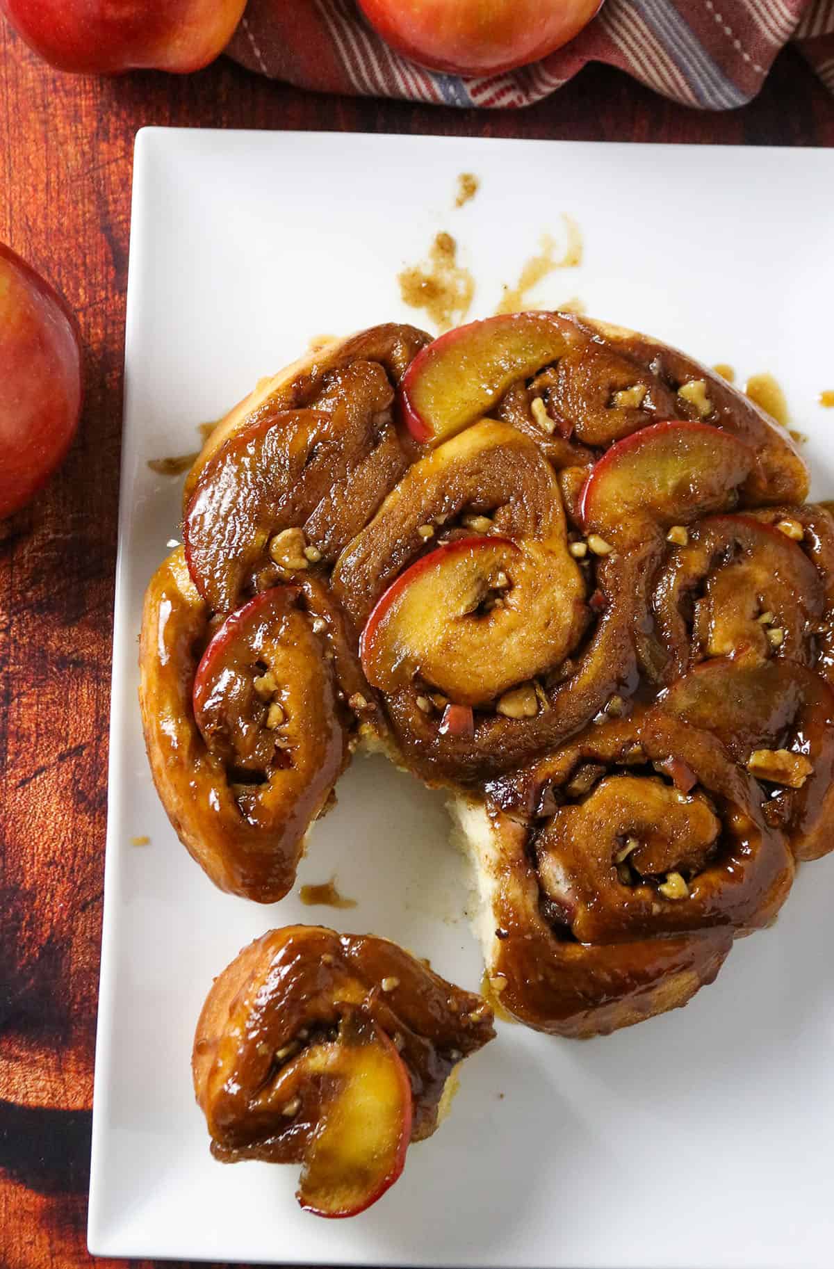 Top angle view of Apple Sticky buns on a serving plate.