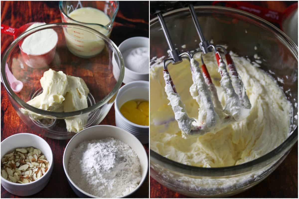 A collage showing the Caramel Bars ingredient on the left and the creaming of margarine and sugar on the right.