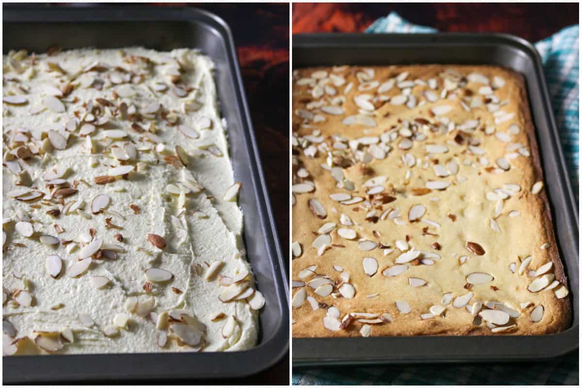 A collage showing the caramel bar batter before and after baking.