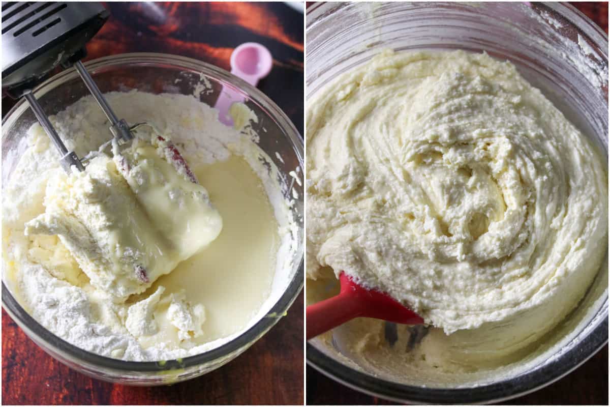A collage showing the addition of condensed milk to the batter and mixing the final batter on the right.