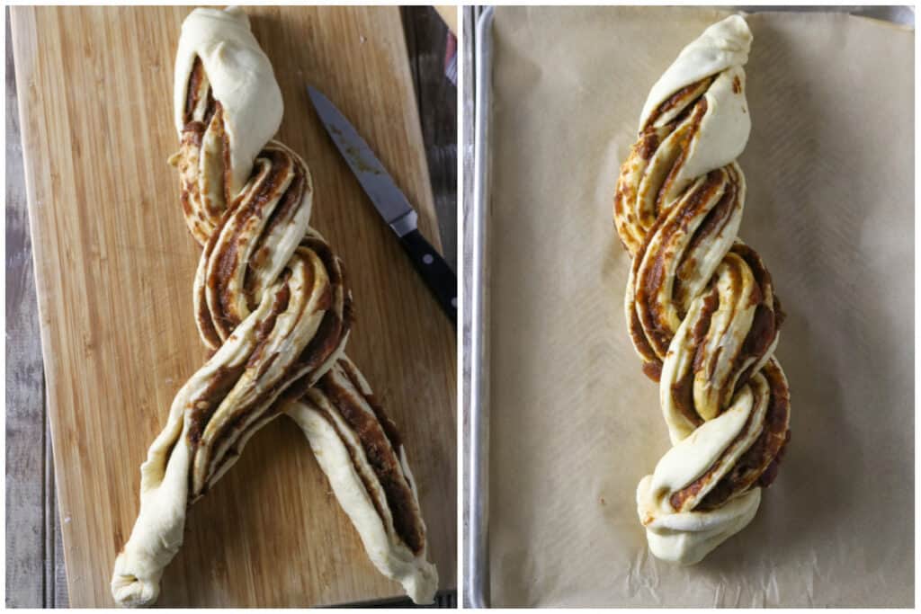A photo collage showing the process of braiding the cinnamon loaf.