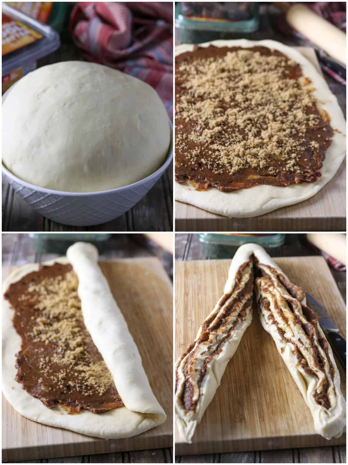 The process of filling the cinnamon loaf bread with medjool date paste.