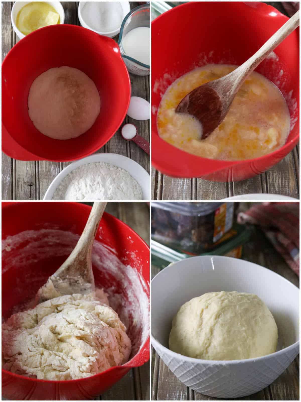 A photo collage showing the process of mixing the bread dough.