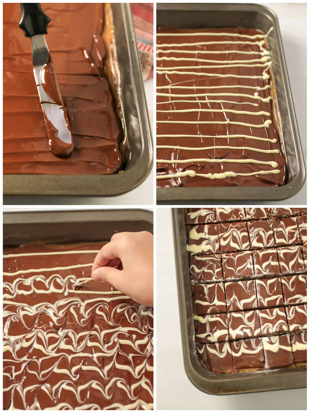 A collage showing the assembly of the top chocolate layer of the Marbled Shortbread Cookies.
