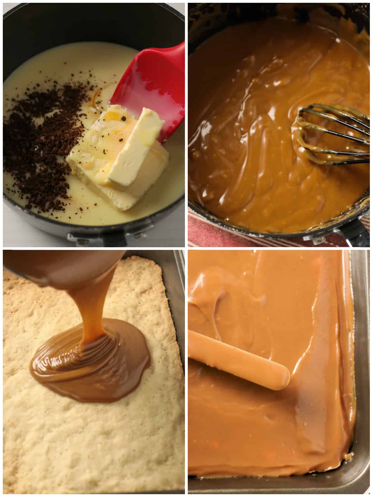 A collage photo showing how to make the caramel layer for the marbled shortbread cookie.