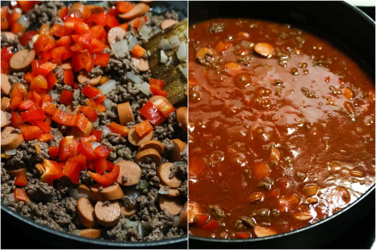 A collage showing the process of making the meat sauce for the spaghetti.