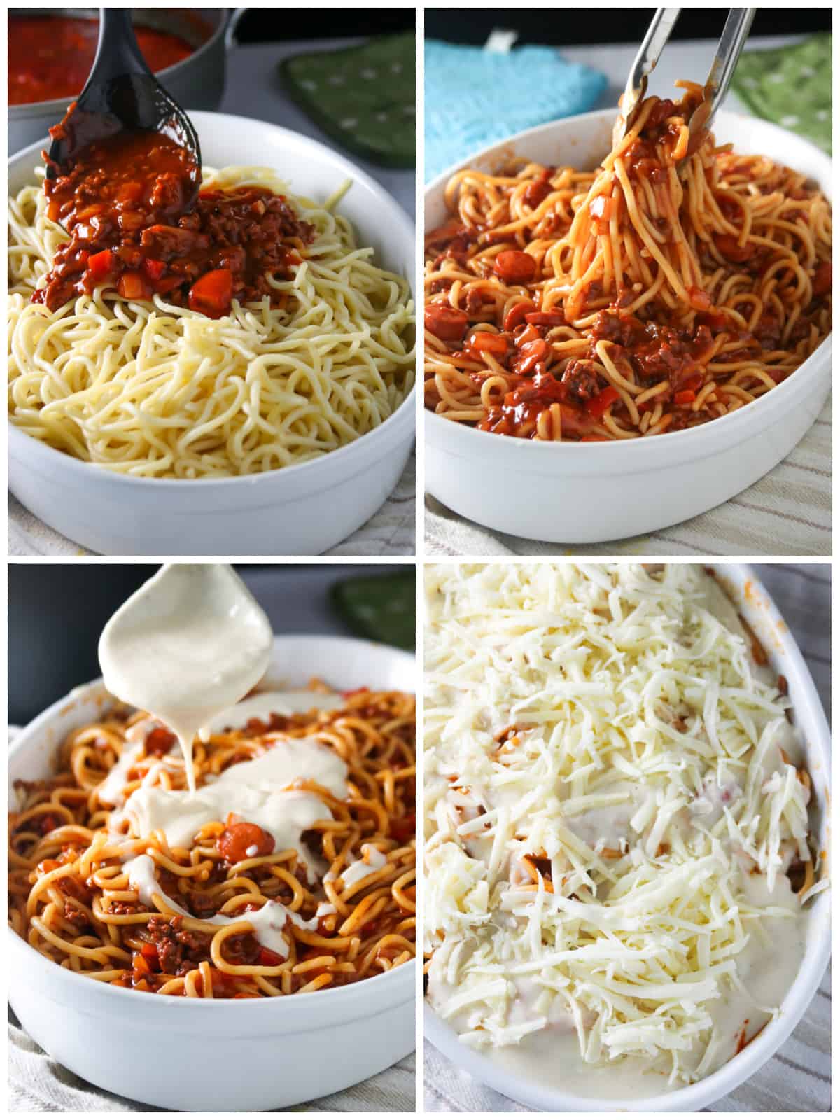 A collage showing the process of mixing the spaghetti sauce and pasta, and topping it with white sauce and cheese.