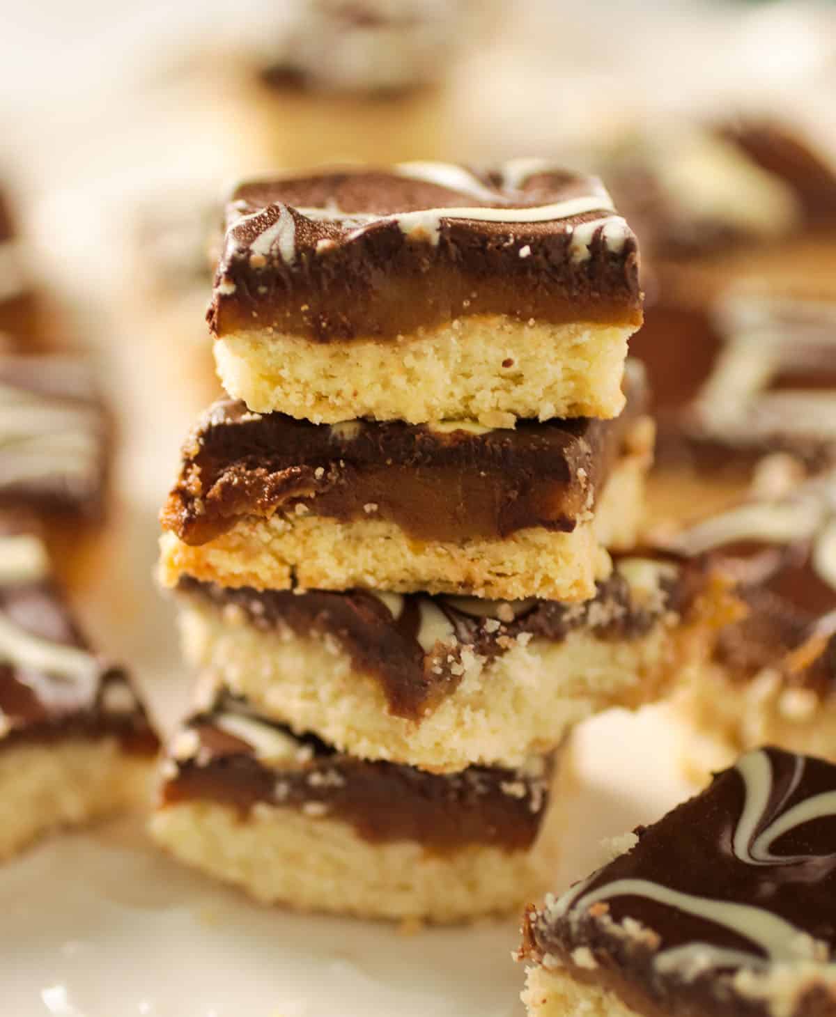 Marbled Shortbread Cookies stacked on a platter.