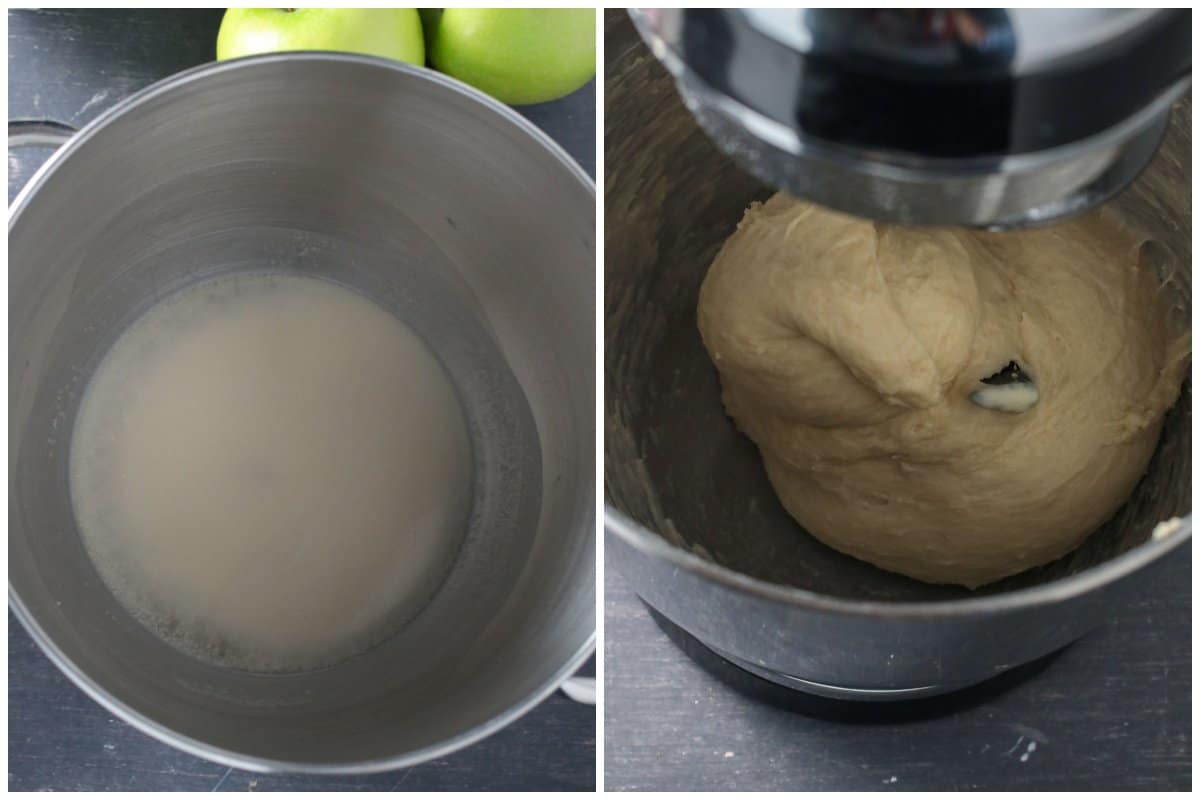 A collage showing the proved yeast on the left and the kneaded dough on the right.