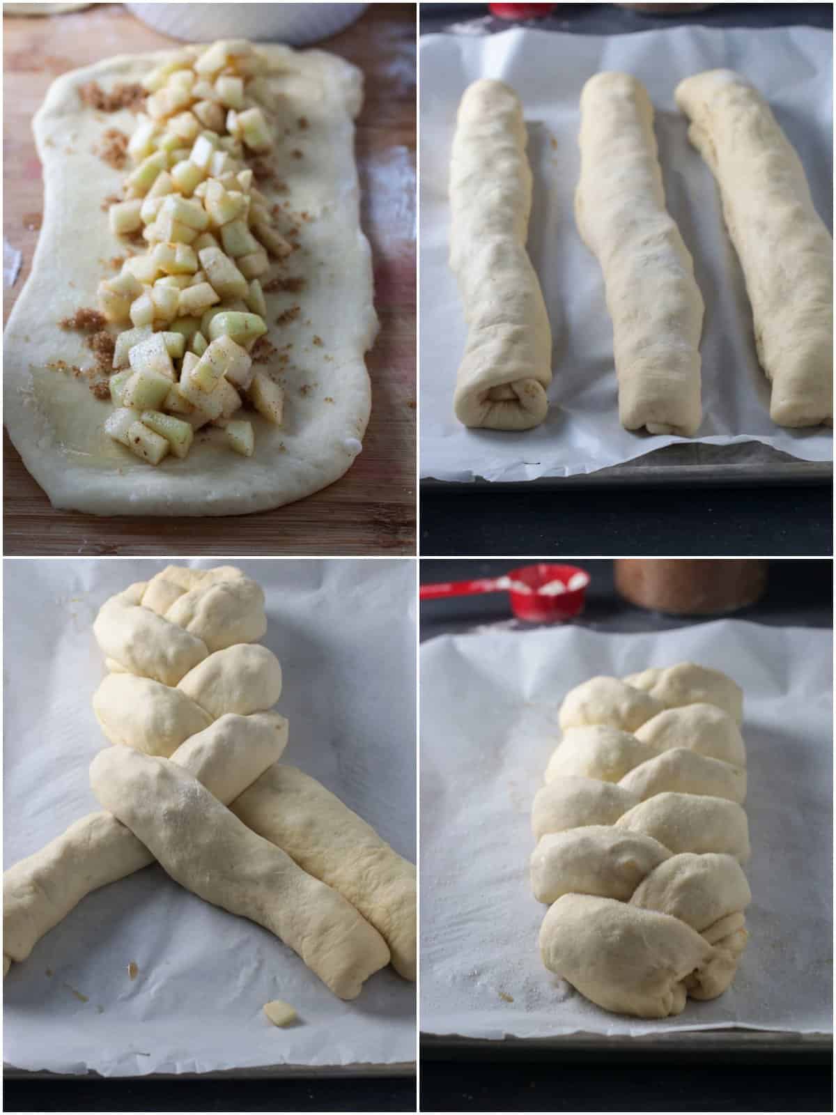 A collage showing the process of assembling an Apple challah.